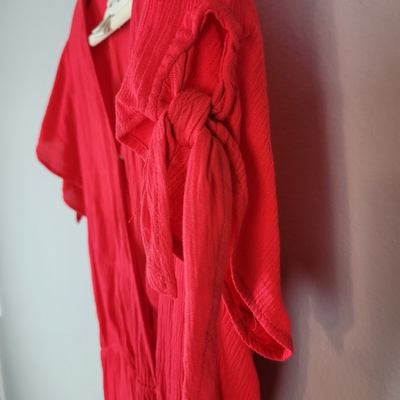 Hiatus Short Sleeve Holiday Red‎ Rayon Wrap Jumpsuit Boho Cropped Wide Leg - Picture 5 of 10